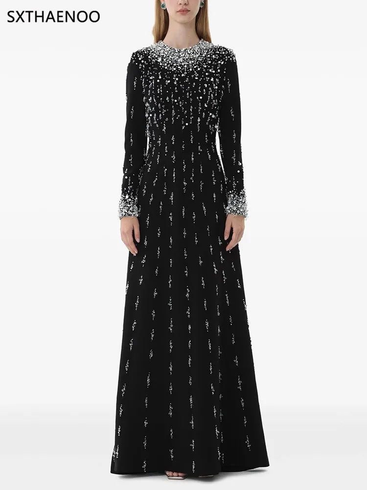 

SXTHAENOO Elegant Dress O-neck Embroidered Flares Patchwork Long Sleeve Women's Evening Party Dresses 2025 Summer New Fashion