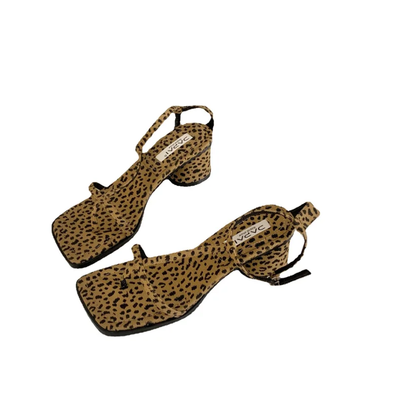 SandaliasWomen Elegant High Heel Sandals23Summer New Thin Belt Women Shoe Leopard Print Sexy Thick Heel Women Shoe Roman Sandals