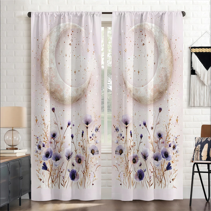 2 PCS Crescent Purple Flower Curtains, Mystic Style Window Drapes for Living Room Bedroom Home Decor Polyester Rod Pocket