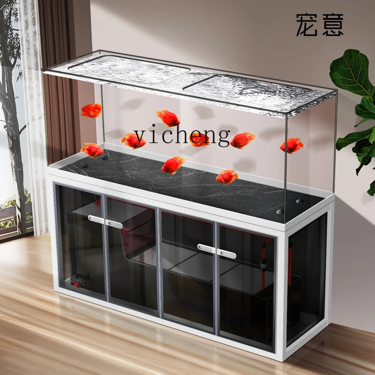 ZC borderless integrated tensile without pipe fittings ultra-white fish tank living room large high-end bottom filter
