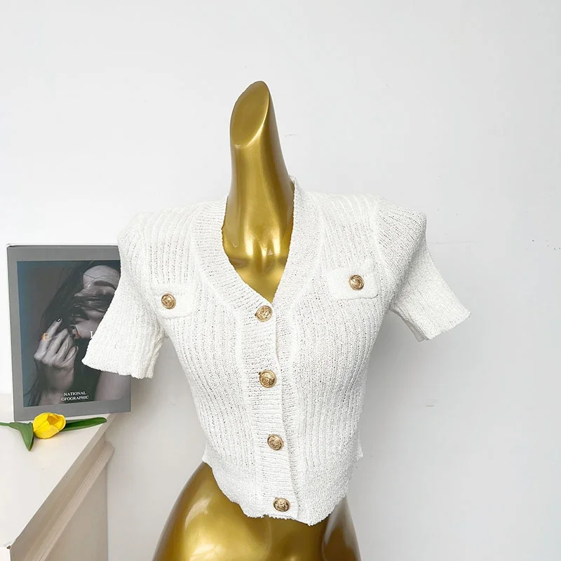 

Retro Korean V-Ne ort Sve Knitted Open Cardigan Women's Summer Slimming Waist-Cinching Top Faionable Commute Sle