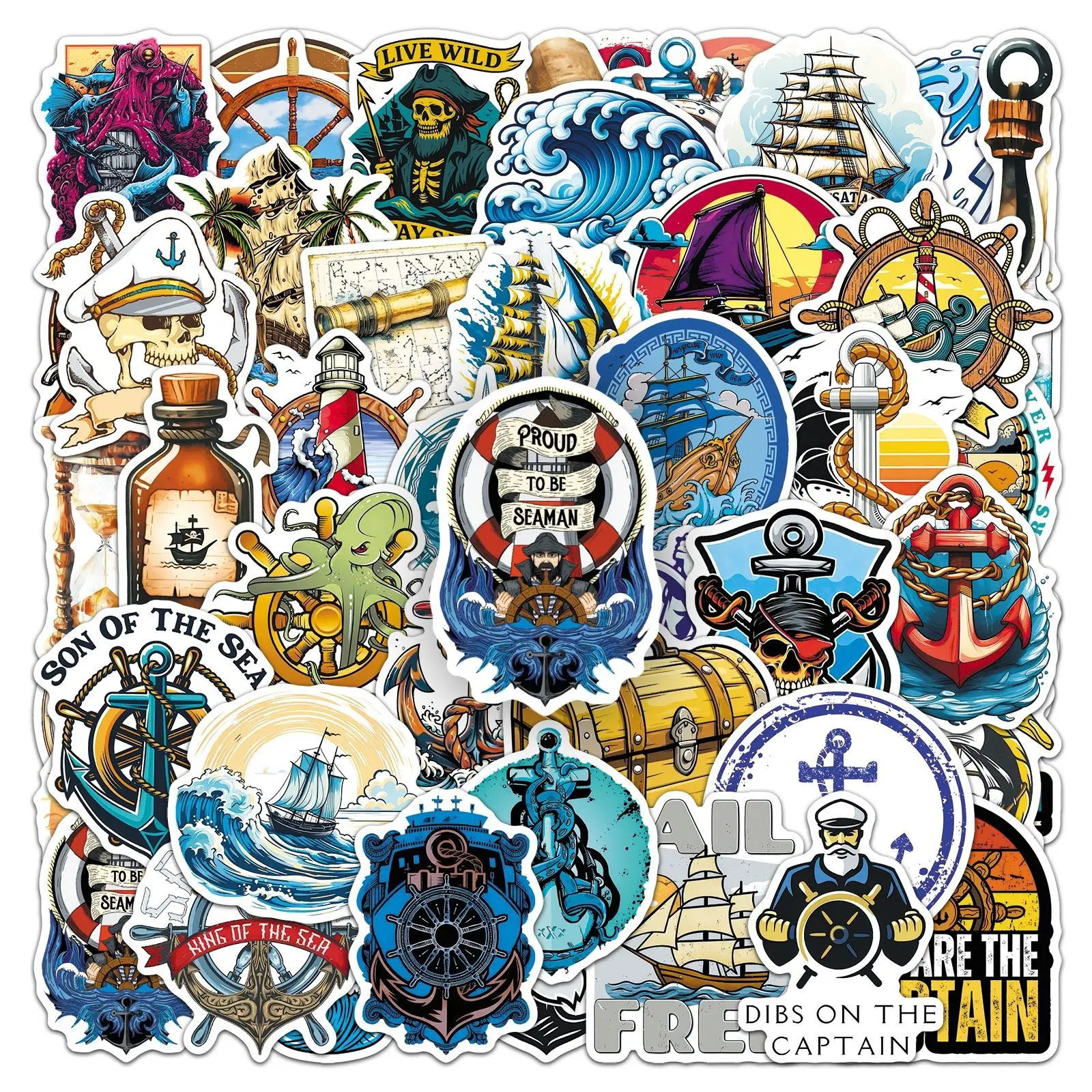 50Pcs Vintage Nautical Pirate Stickers Anchor Ship Sailor Ocean Waterproof Decals for Water Bottle Luggage Laptop Helmet Decor