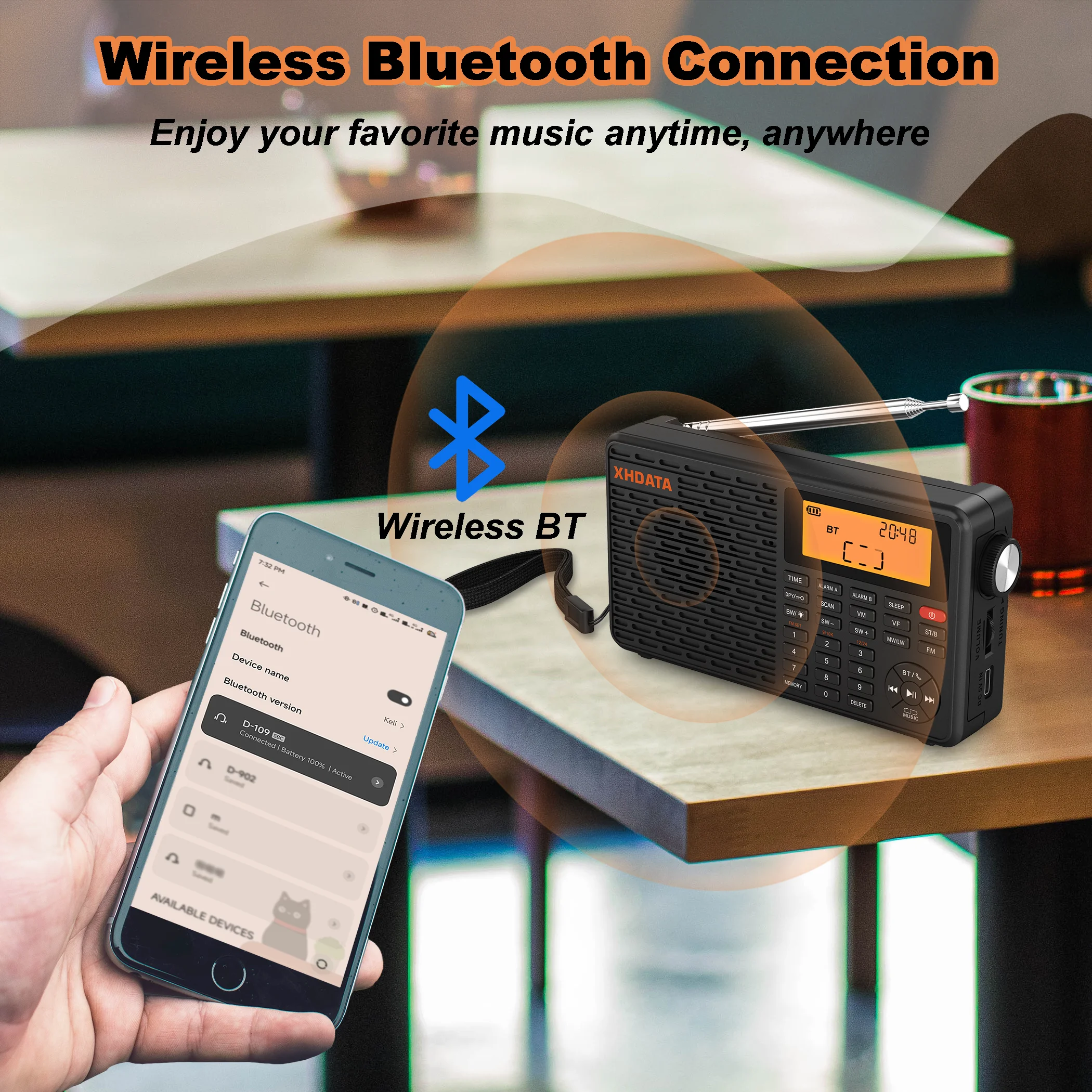 Xhdata D-109 rádio portátil digital estéreo am sw mw rádio fm bluetooth compatível rádio multifuncional suporte leitor de cartão tf