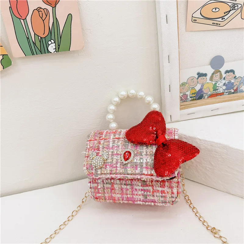 Fashion Design Square Mini Children\'s Shoulder Bag Sweet Bow Flower Girl Messenger Bags Luxury Pearl Handle Kid Change Purse