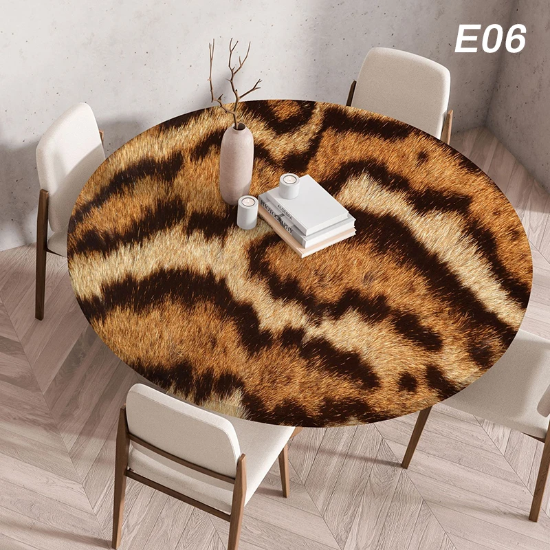 

Round Table Cover Fitted Vinyl Tablecloth Creative Animal Fur Texture Patten Elastic Edged Waterproof Dining Table Cloth