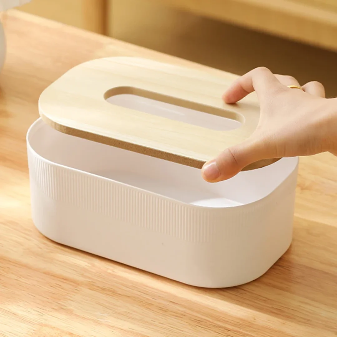 Plastic Tissue Box with Wooden Cover Nordic Simplicity Style Desktop Napkin Box Living Room Bathroom Toilet Square Tissue Box