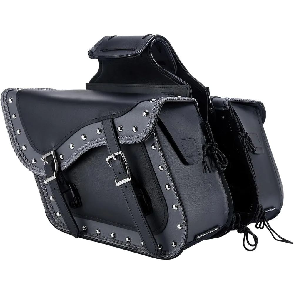 faux leather motorcycle saddle bags studded throw over saddlebags, pvc motorcycle side bags for honda shadow sportster softail