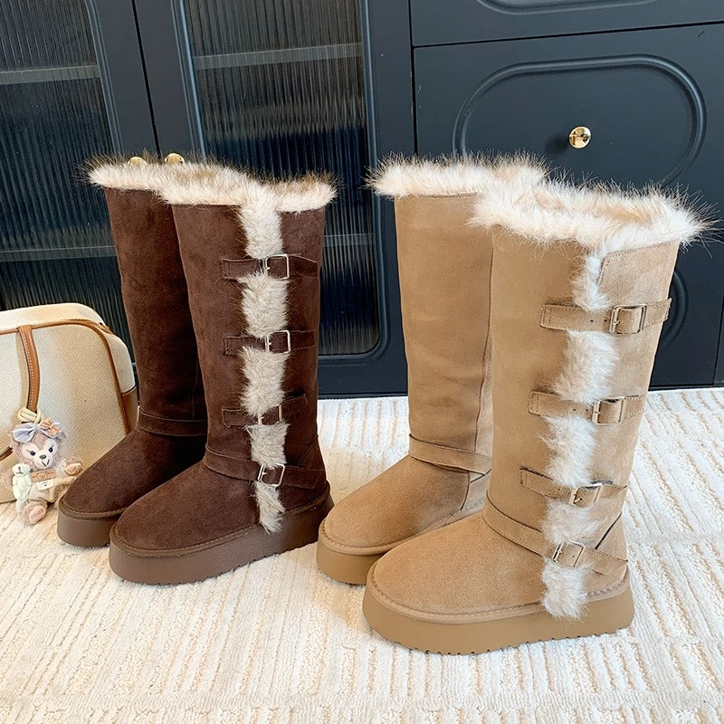 منصة مشبك معدني أحذية الثلوج شتاء جديد جولة رئيس الثور الجلد المدبوغ منصة أحذية طويلة #1