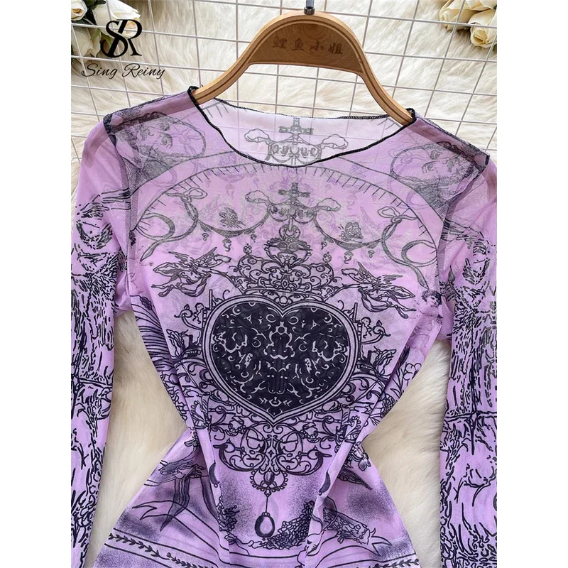ZIXIN Streetwear Hotsweet Mesh Blouse Vrouwen O-hals Print Dunne Sheer Chic Tops Amerikaanse Sexy Ins Schede Korte Casual T-Shirt