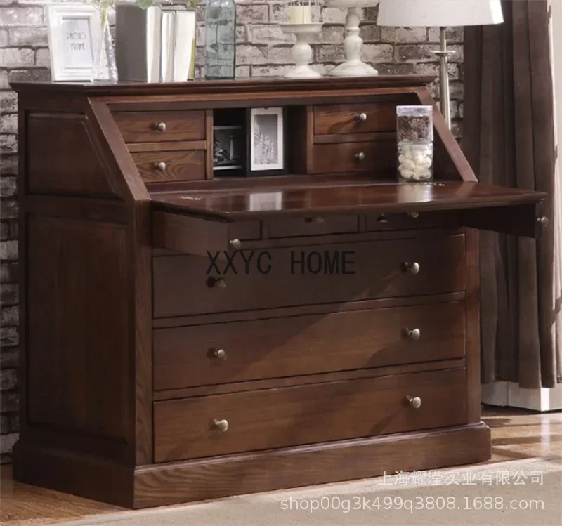 Solid Wood Desk Log Vintage Engraving Computer Desk Study Multi-Functional Desk Table