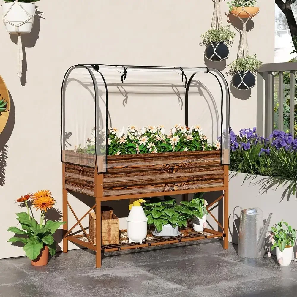 Elevated Metal Planter Box with Cover and Storage Shelf, Ideal for Vegetables, Flowers, and Herbs in Brown