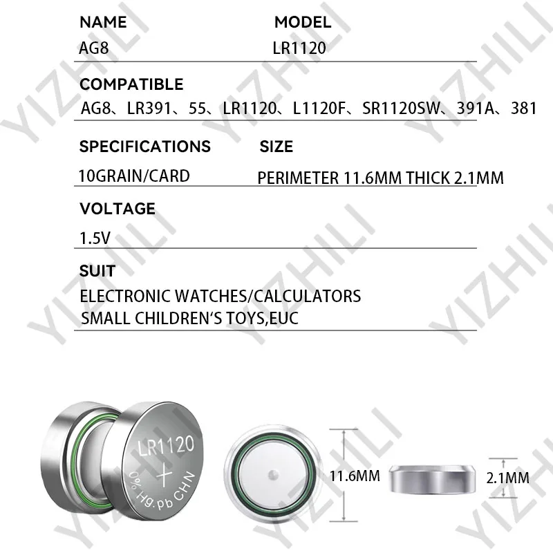 New AG8 Alkaline 1.5V Button Cell Battery Single Use LR1120 LR57 SR55 LR55 CX191 G8 for Watch Toys Remotes Cameras