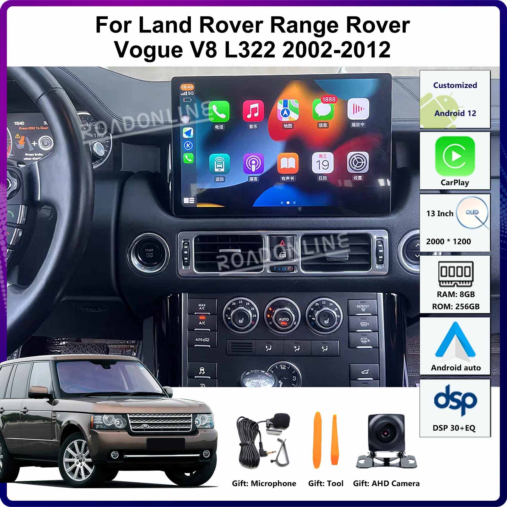 

13" For Land Rover Range Rover Vogue V8 L322 2002-2012 Car Multimedia Player Radio Receiver 2000*1200 GPS CarPlay Supports 4*4