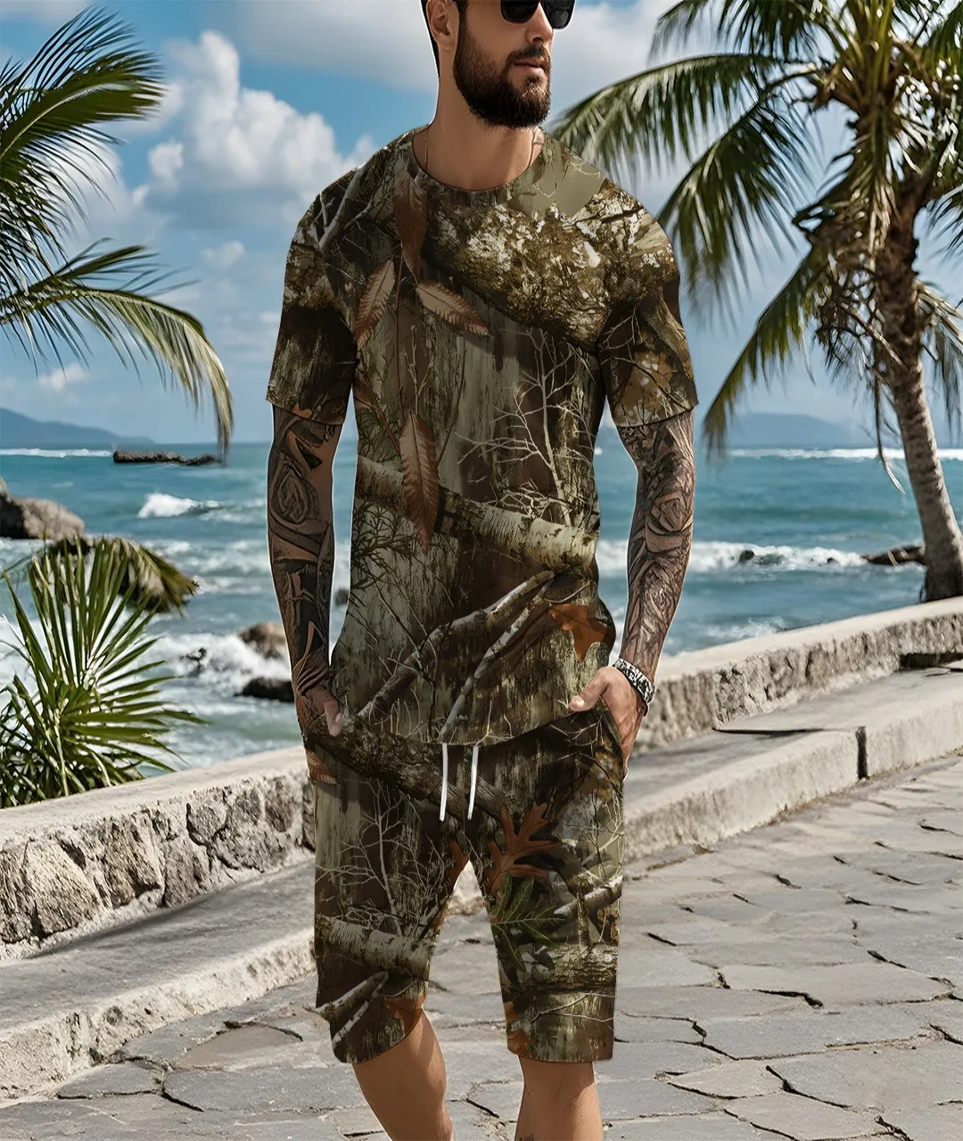 

2025 Summer new men's set 3D printed Camouflage Hunting 3d Printed T-shirt Outdoor T-shirt Hip Hop casual fashion men's set
