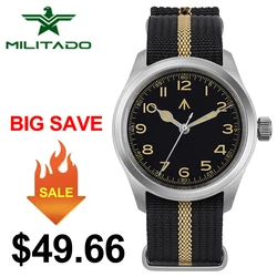 Militado ML08 남성용 밀리터리 워치, VH31 쿼츠 무브먼트, 사파이어 야광 방수 시계, 빈티지 스테인리스 스틸 시계, 38mm