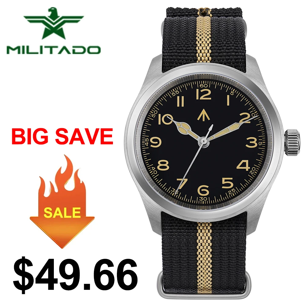 Militado ML08 Men Military Watch VH31 Quartz Movement Sapphire Luminous Waterproof Watches 38mm Vintage Stainless Steel Watch