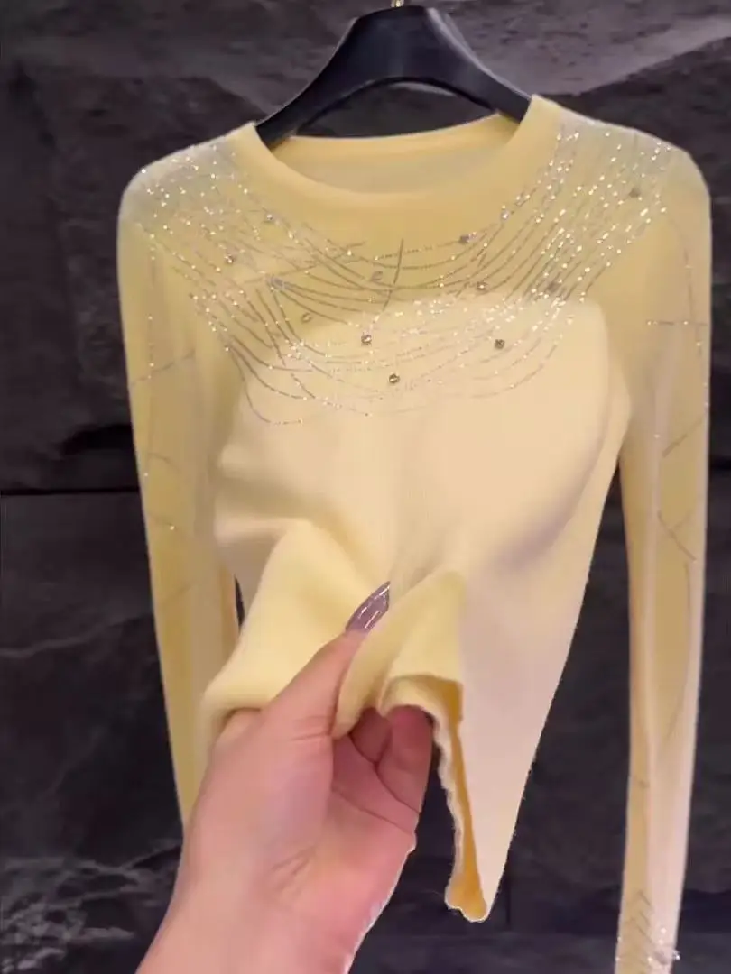 Sweater Rajut Mewah Bertabur Kristal Berkilau untuk Wanita, Musim Gugur Musim Dingin, Kerah Bulat, Warna Kuning, Atasan Rajut, Pullover