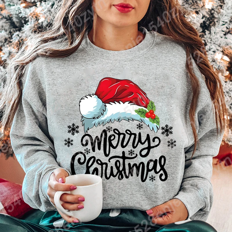 

Merry Christmas Women's Sweatshirt, Vintage-Inspired Santa Hat & Letter Print, Casual Pullovers, Crew Neck, Women's Clothing