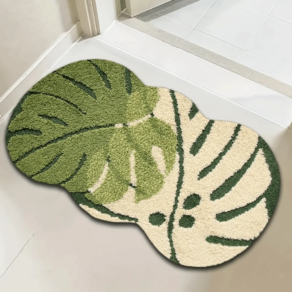 Soft Leaf Rug Thickened Fiber Leaf Shape Pattern Bedside Rug Irregular Design TPR Anti-Slip Water Absorbent Mat For Bathroom