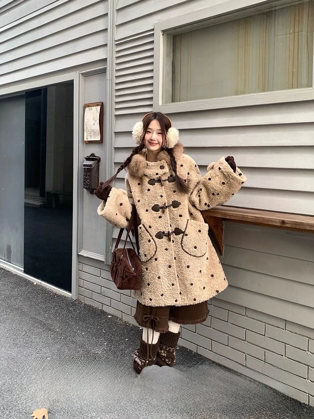 

Teddy Cappuccino Polka Dot Fluffy Outerwear Winter Asymmetrical ket Loose Slimming Ele Sle Polyester Fiber Coat