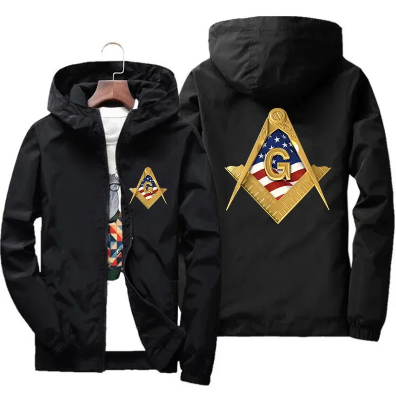 Men's Masonic Usa American Flag Square Compass Freemason Bomber Windbreaker Coat Jacket Zipper Hooded Pilot Thick Parkas Tops