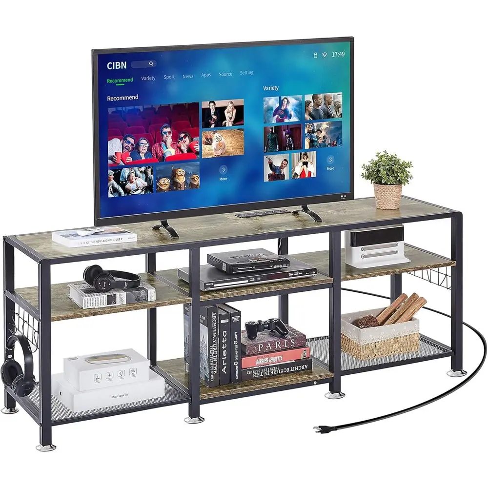

Подставка для телевизора 63 дюйма с розетками для телевизора 55/60/65/70 дюймов, развлекательного центра с полками и крючками для хранения, 3-х уровневая древесина