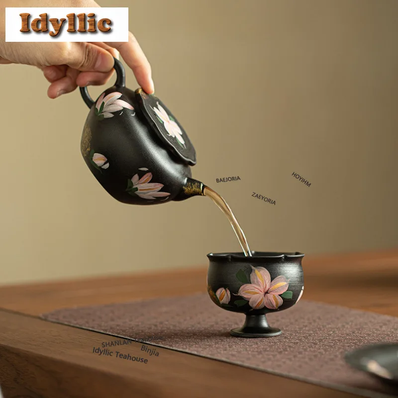 HOYIHM 60ml Gold Drawing Black Pottery Lily Teacup Creative Tea Bowl Tea Cup Set Tea-tasting Meditation Cup Jianzhan Master Cups