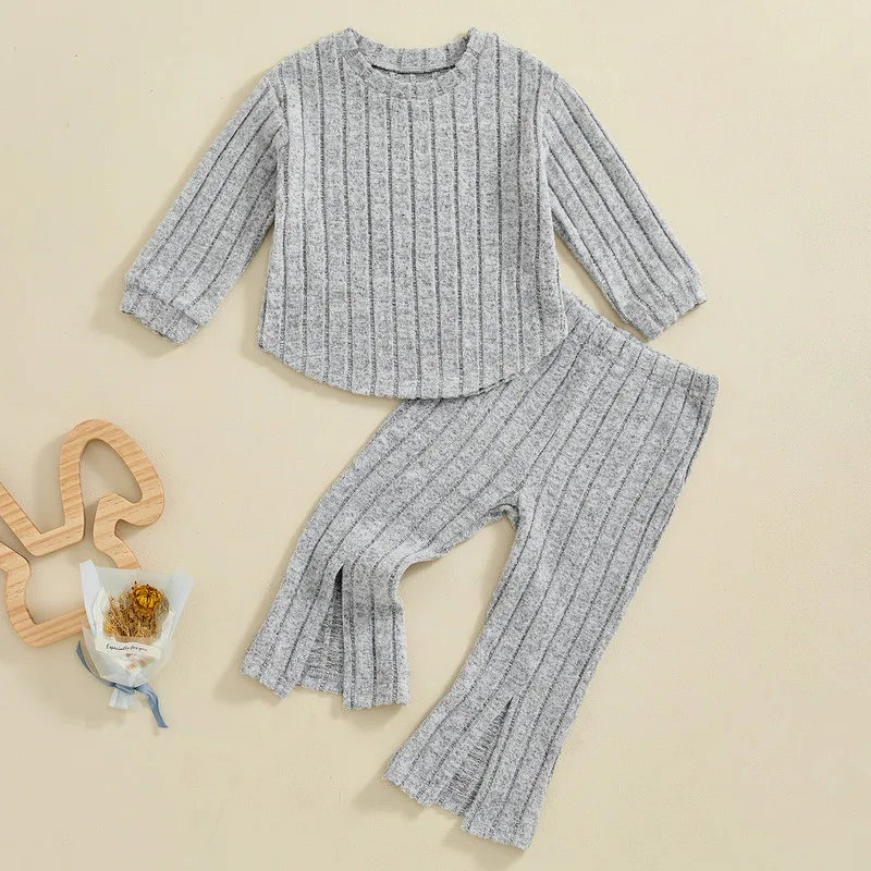 RUEWEY Little Girl Knit Pant Sets Spring Autumn Clothes Solid Color Ribbed Long Sleeve Round Neck Tops with Flare Pants