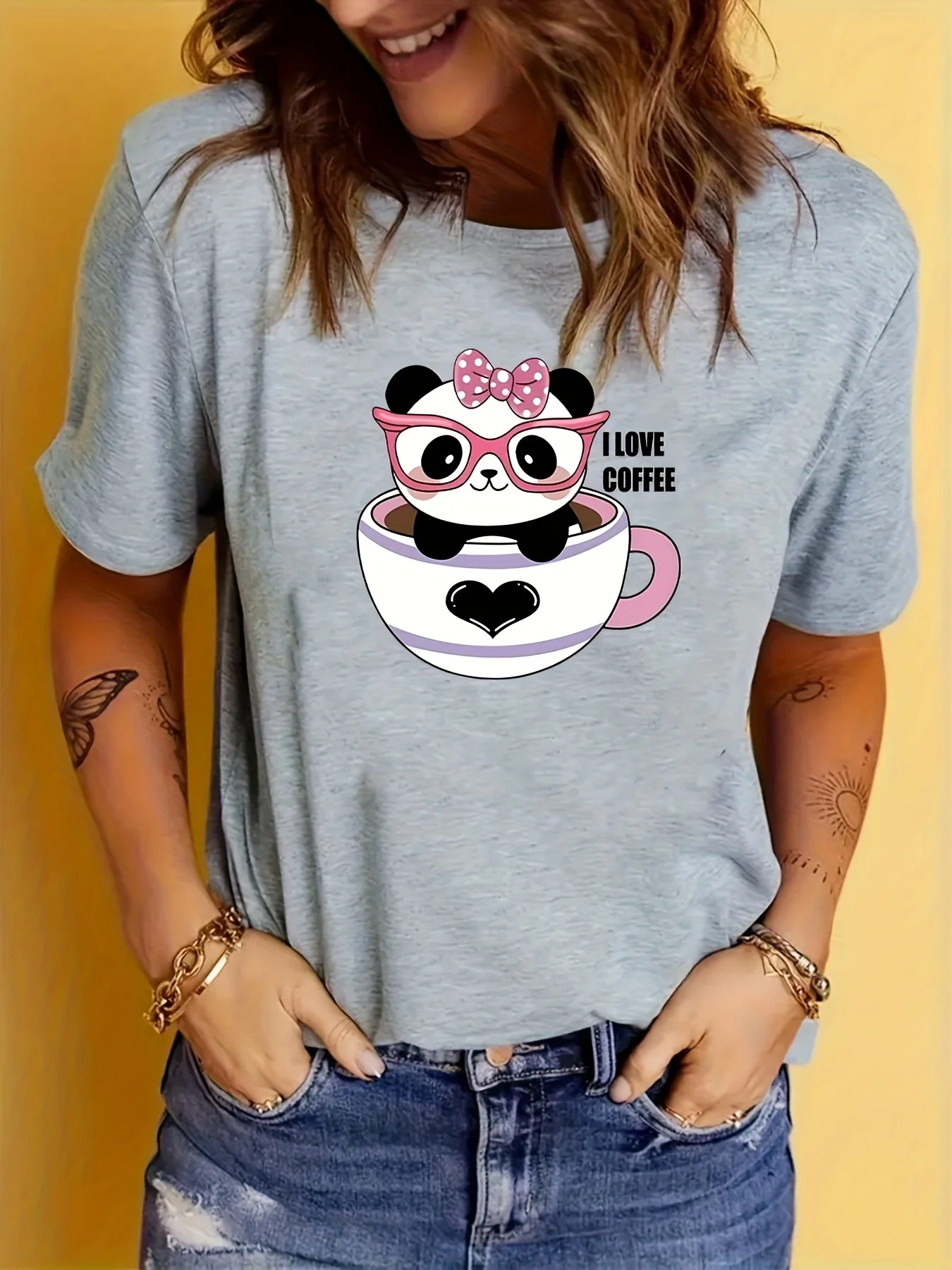 

SuperCute Cartoon Panda Print T-Shirt, Fashion Casual Crew Neck Short Sleeve Sport T-Shirt, Casual Daily Tops, Spring Summer Top