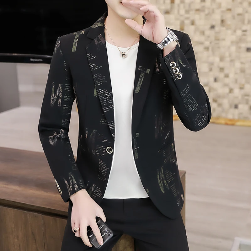 Blazer: Outdoor Fashion Business Gentleman Print Wedding Host Campus Slim-fit Casual Korean-style Youthful Versatile Men Blazer
