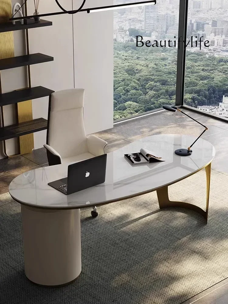 Q Stone Plate Light Luxury Study Desk Office Computer Writing Desk Bookcase Integrated Home