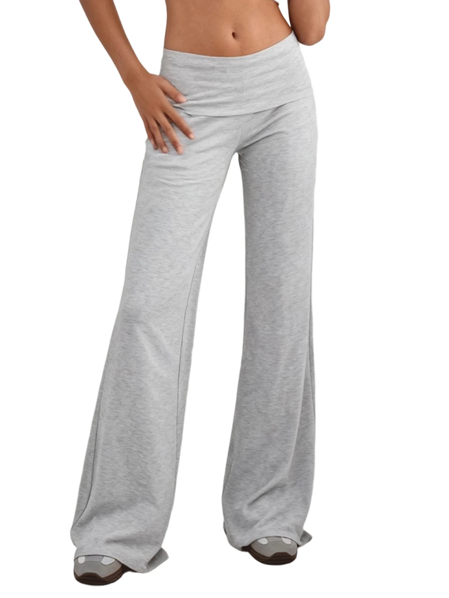 Women’s Wide Leg Yoga Pants Angel Wing Heart Embroidery Foldover Waist Lounge Trousers