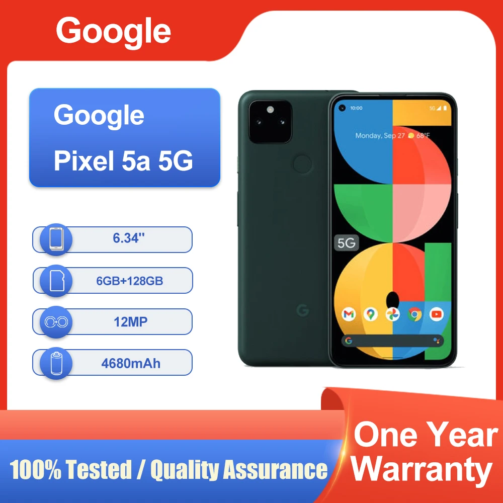 الأصلي مقفلة جوجل بكسل 5a 5G 6.34 "4680mAh 6GB RAM مكبر الصوت شحن سريع الهاتف المحمول في حالة جيدة