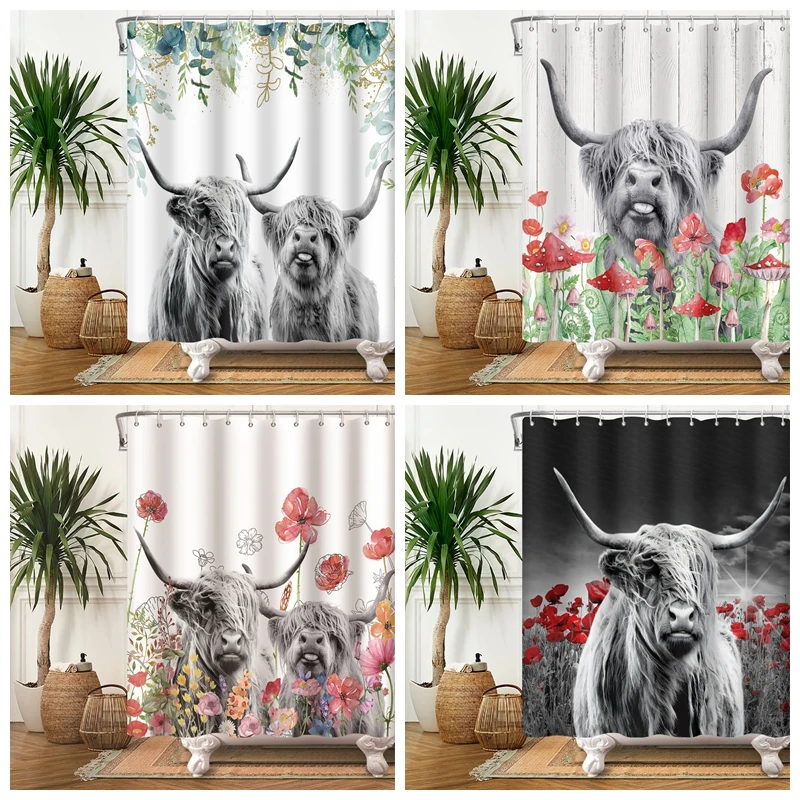 Farmhouse Highland Cow Shower Curtain With Hooks Funny Bull Cattle Bull Floral Decor Country Style Bothroom Curtain