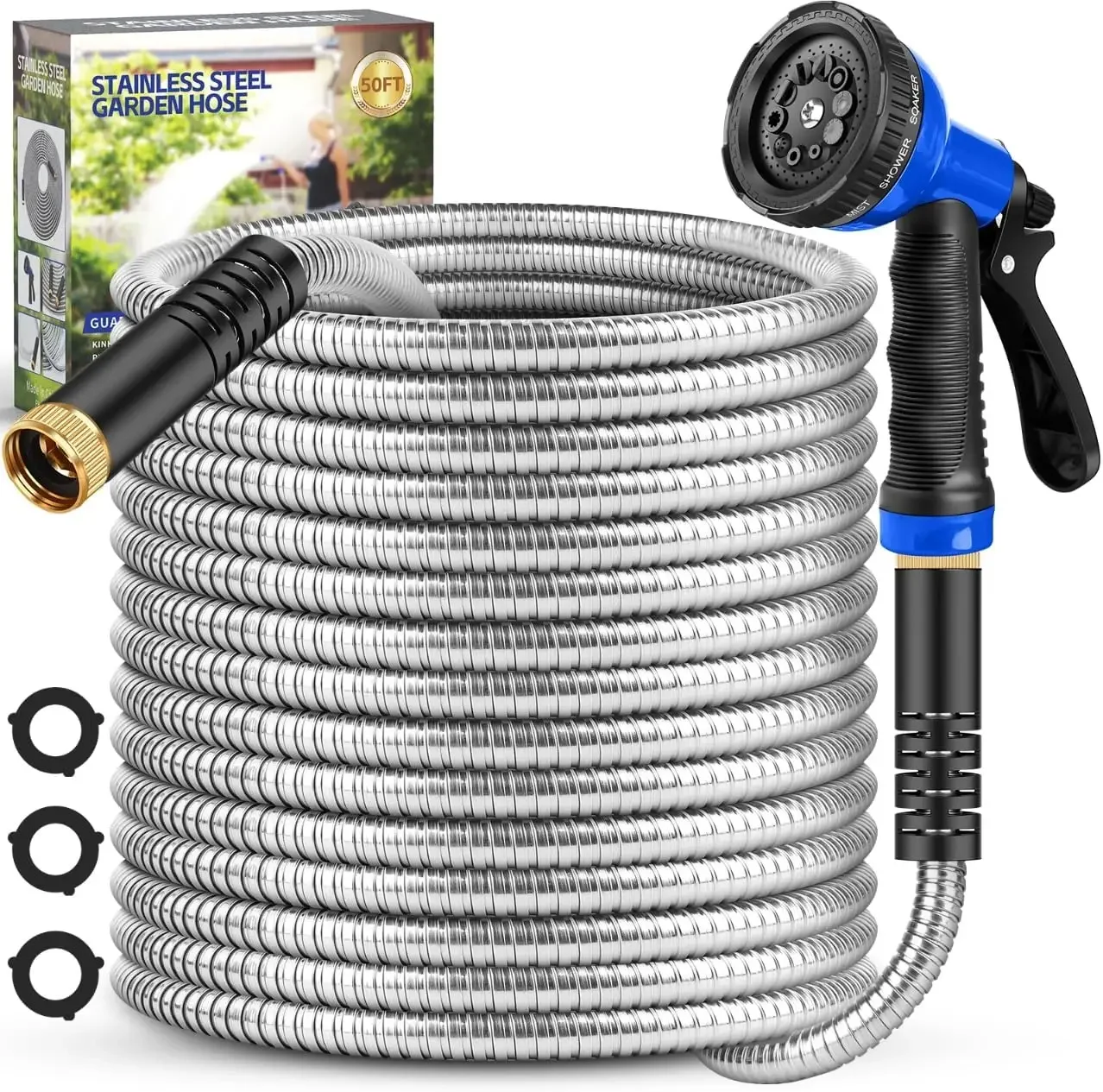 Metal Garden Hose 50ft, Metal Stainless Steel Water Hose w/ Nozzle, Anti-Wear & Puncture-Proof, Kink-Free, Suitable for Yards