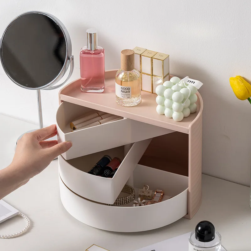 

Ins Style Table Top Bedroom Rotating Storage Box Half Round Dressing Beauty Lipstick Jewelry Cosmetics Dustproof Storage Boxes