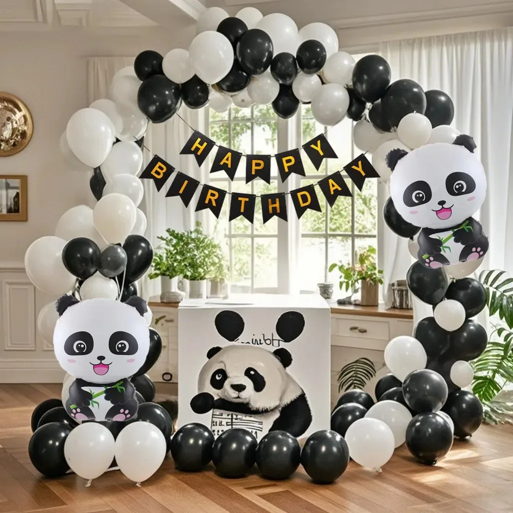 Party Decoration Set 122 Pieces Panda Balloons Black and White Balloon Arch Baby Shower Children Birthday Celebration Background view 2