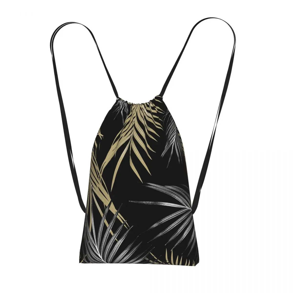 Gold Gray Palm Leaves Dream Drawstring Backpack hiking cycling Bag Lightweight Foldable Storage Drawstring Bag for Men Women