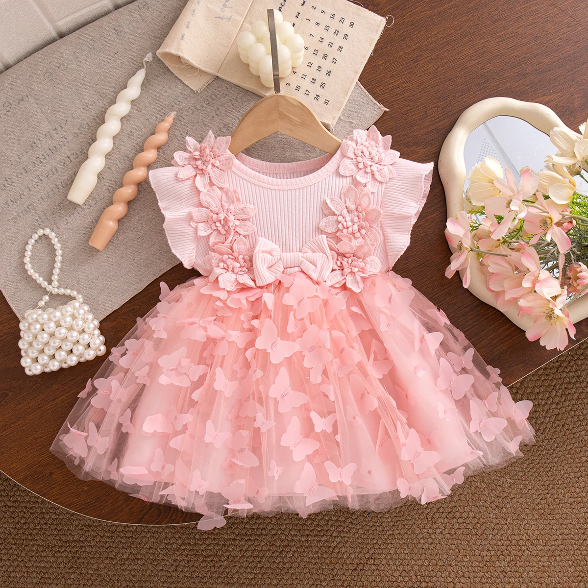 Sommerkleider für Babymädchen mit Blumenmuster und Schleife, Tüll-Kurzarmkleider, Niedliche Geburtstagsparty-Kleider, Babykleidung für Mädchen – Detail 4