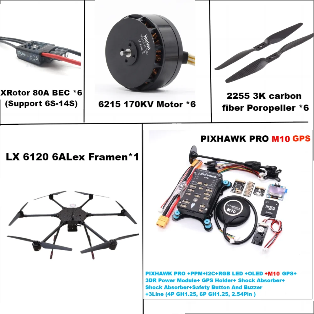 Lx6120 pixhawk pro m10 fibra de carbono completa 1200mm hexa-rotor quadro x-rotor 80a esc px4 conjunto de controle de vôo 6215 motor