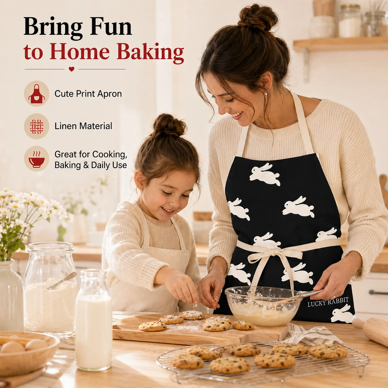 Cute Black Cat White Rabbit Linen Apron 2D Flat Printed Kitchen Cooking Bib for Women Home Baking Pinafore Daily Cleaning Cloth - view 4