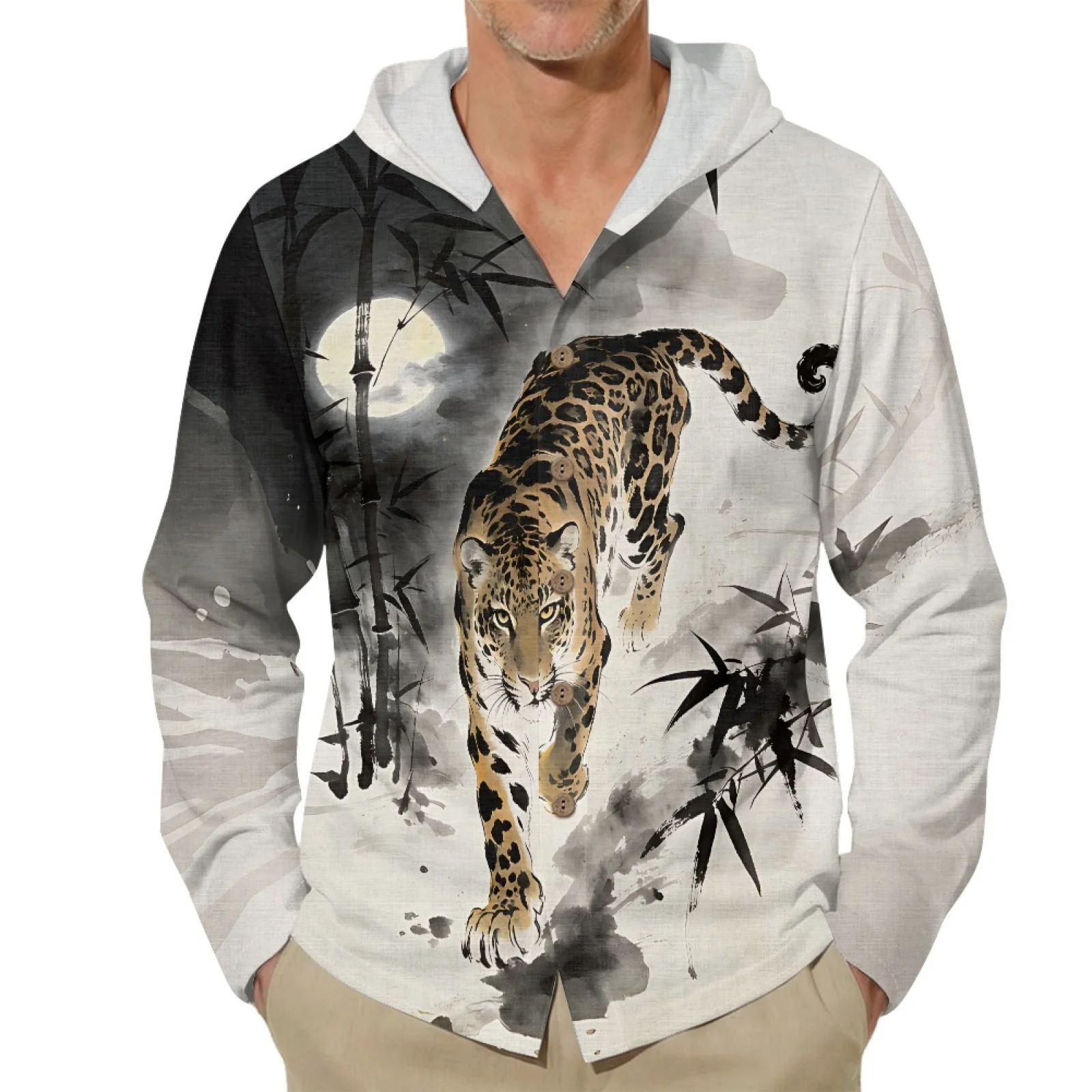 PENSTROLL Wash Leopard Print Linen Like Casual Hooded Tops Fashion Tops for Adult Button Front Men's Hoodie
