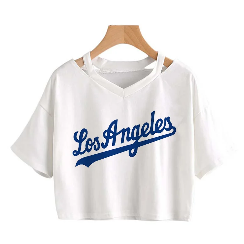 Los Angeles Sexy Crop Tops Women Harajuku Cropped T Shirt 2024 Y2k Brooklyn Chicago Letter T Shirt Funny Graphic T-shirt Female