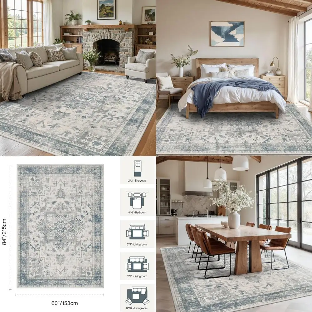 

Area Rugs 5x7, Washable Rugs for Living Room, Vintage Boho Light Blue Rug for Office, Dining Room, Kids Room and Farmhouse, Dura