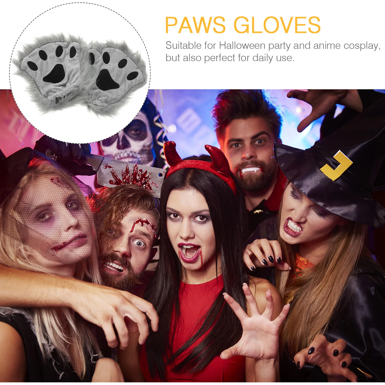 

1 пара серых длинношерстных варежек с искусственными лапами животных, теплые варежки с половиной пальца для Хэллоуина, косплея, вечерние подарок, перчатки с животными, перчатки с лапами