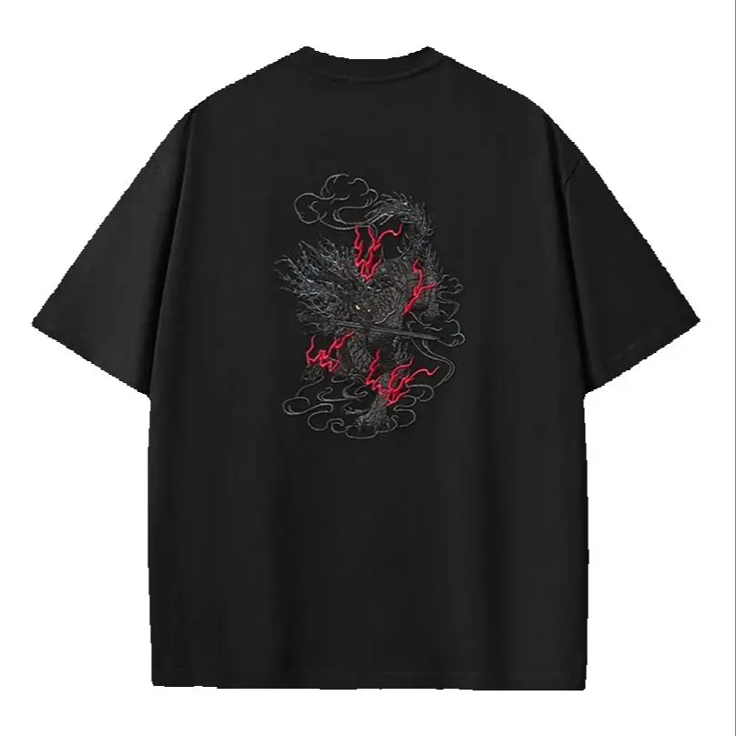 

260g Heavy T Shirt Men Cartoon Embroidery Cotton Top Tee 2025 Summer Oversize Loose Male Tshirt