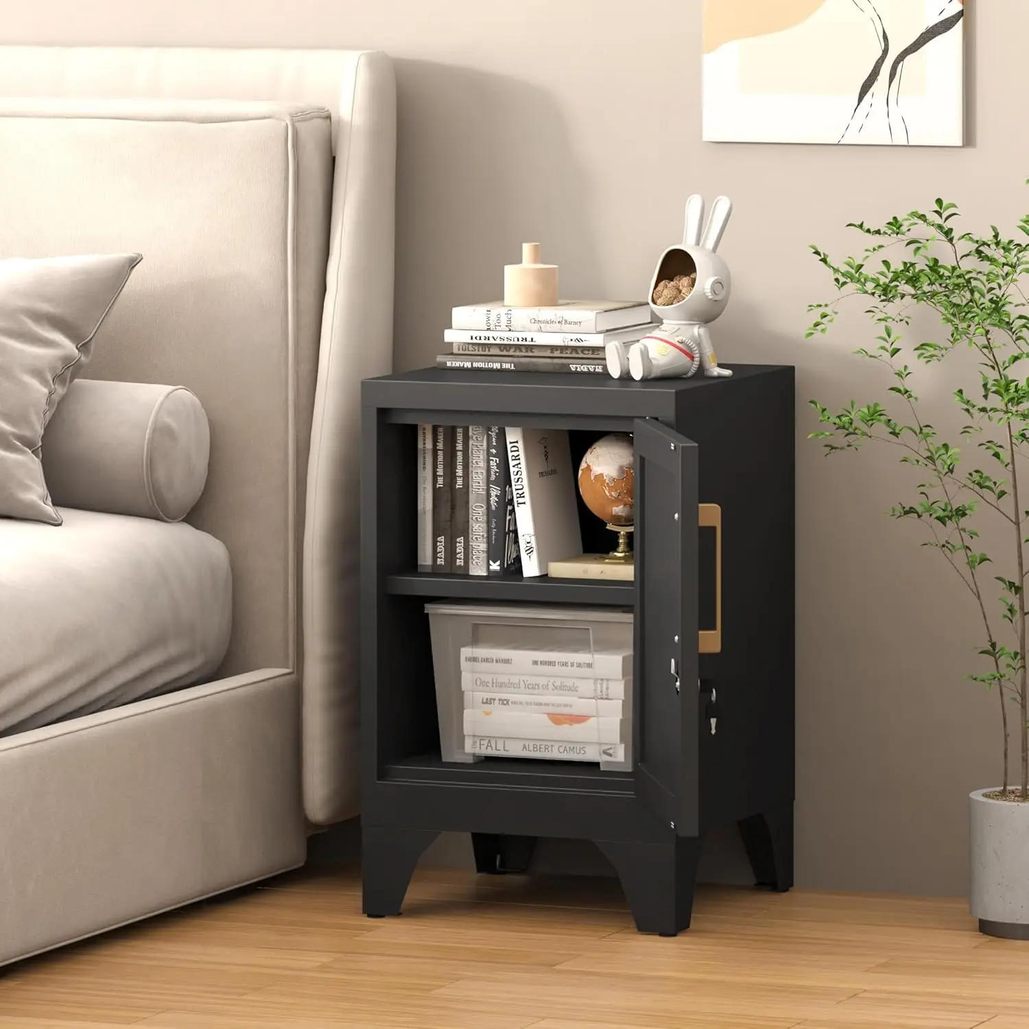 Metal Locker Nightstand Set of 2 Black Locking Bedside Table with Door & Adjustable Shelf Small Side Table Detachable,Customized