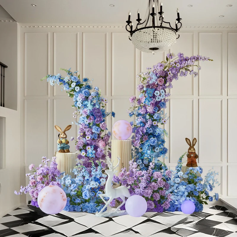 

Simulation flower wedding arrangement blue-purple fake flower floral horn arch shape floor ornament wedding landscaping