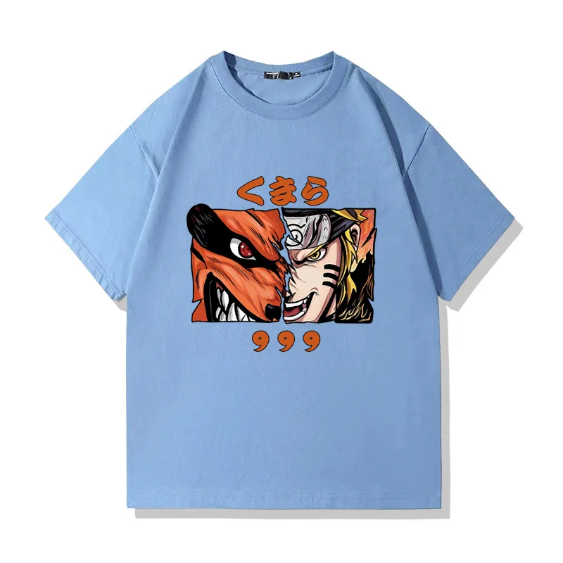 Naruto Uzumaki Kurama Split Face Anime T-Shirt für Männer und Frauen, 9 Tails Kyuubi Graphic Casual Oversized Streetwear Schwarzes T-Shirt – Detail 8