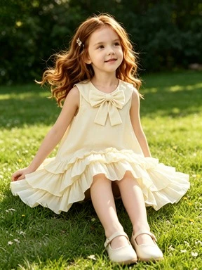 Girls' Cake Skirt 2026 New Summer Stylish Doll Collar Dress Butterfly Knot Skirt